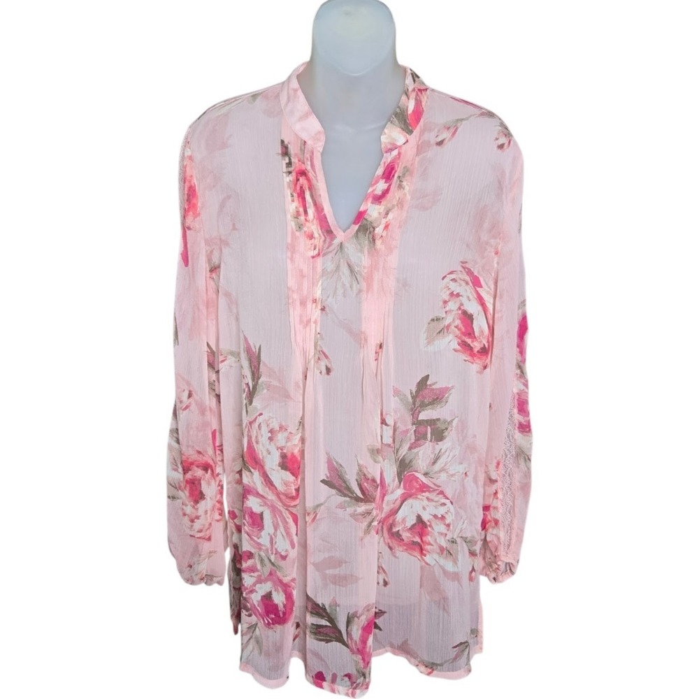 Susan Graver Womens Romantic Floral Tunic Size Small Cottagecore Chiffon Lace
